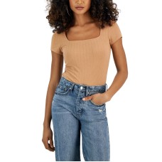 Self Esteem Juniors’ Square-Neck Short-Sleeve Jacquard Ribbed Bodysuit, Macchiato, XS