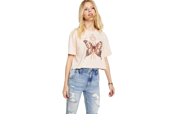  Juniors’ Sun Butterfly Graphic Print T-Shirt, Beige, XS
