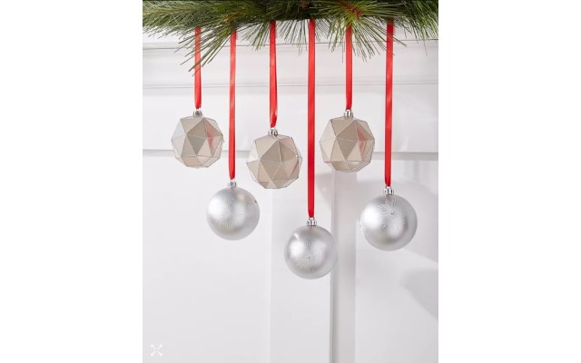Shimmer and Light Set of 6 Shatterproof Cream & Silver-Tone Decorated Ball Ornaments