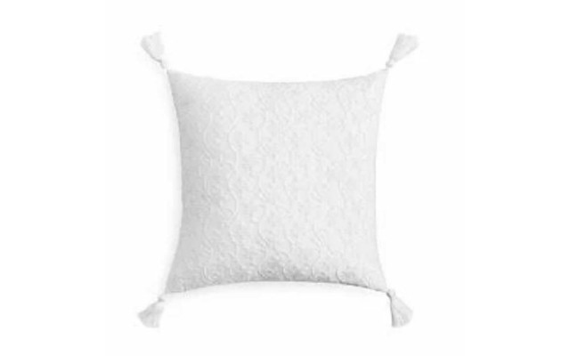  French Knot Floral Embroidered Cotton Jacquard Tassel Decorative Pillow, White, 18 x 18