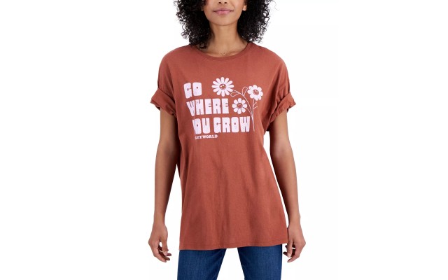  Juniors’ Cotton Go Where You Grow Graphic T-Shirt, Brown, Medium