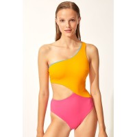 Solid & Striped The Claudia Reversible One-Shoulder Cutout One Piece Swimsuit,  Orange,Pink,Blue, Medium