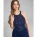  Womens  Applique-Lace Halter Ball Gown, Navy/9