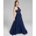  Womens  Applique-Lace Halter Ball Gown, Navy/9