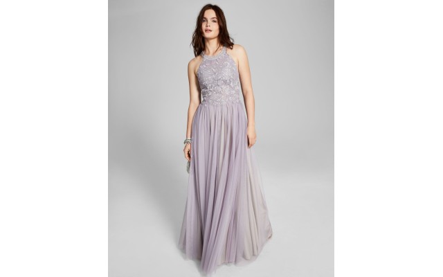  Womens Applique-Lace Halter Ball Gown, Lavender/3