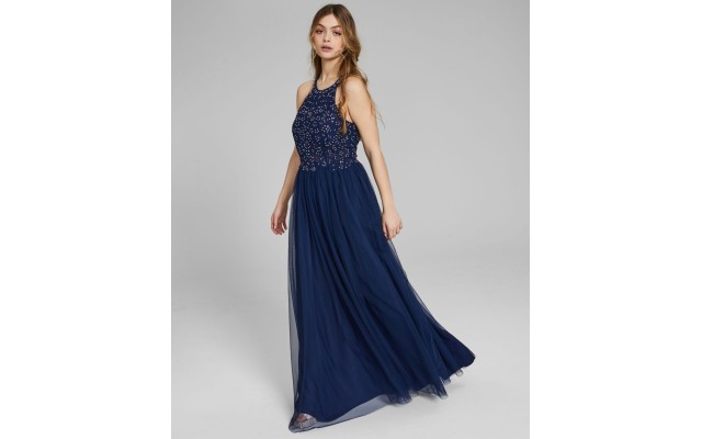  Womens  Applique-Lace Halter Ball Gown, Navy/9