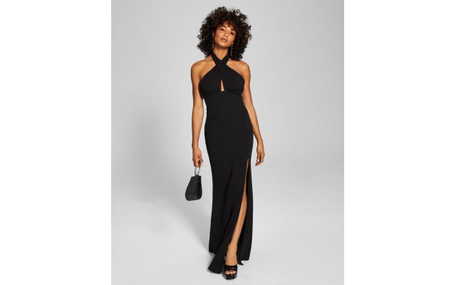  Womens Juniors’ Crisscross Halter Dress, Black/11