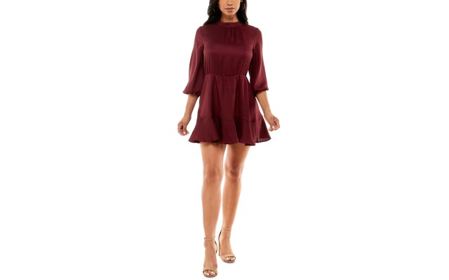  Womens Juniors’ Satin Mock-Neck Dress, Dark Red/XXS