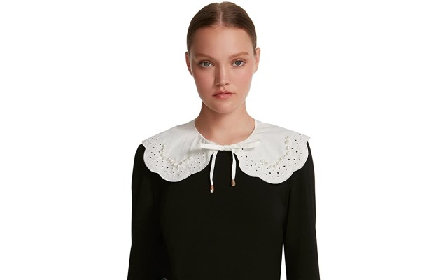  Imitation-Pearl-Trim Eyelet Cotton Collar, White, Onesize