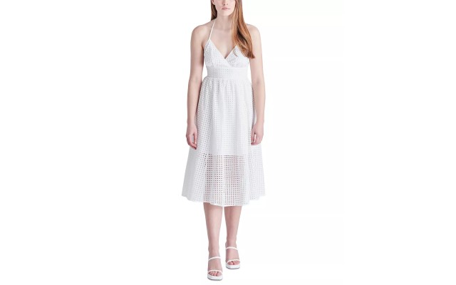  Women’s Denise Cotton Eyelet Halter Midi Dress, White, XS