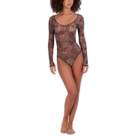 Steve Madden Women’s Long-Sleeve Mesh Bodysuit, Cheetah, Medium
