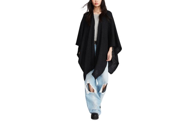  Women’s Open Front Solid Boucle Lurex Cape, Black