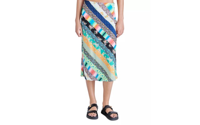  Women’s Patchwork Charmeuse Midi Slip Skirt, Patchwork Stripe, Small