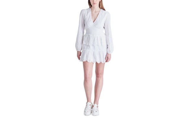  Women’s Raquelle Cotton Eyelet Tiered Mini Dress, White, Large