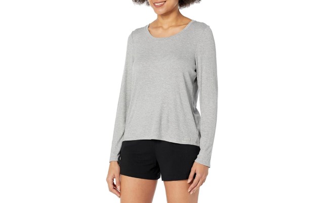  Women’s Ribbed Long-Sleeve Sleep Tee, Heather Grey, Large