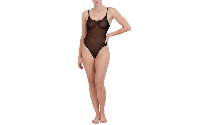  Women’s Sheer Mesh Thong Bodysuit, Black, Large