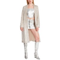 Steve Madden Women’s Show Stopper Long Glitter Coat, Silver, Large