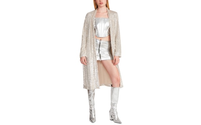  Women’s Show Stopper Long Glitter Coat, Silver, Large