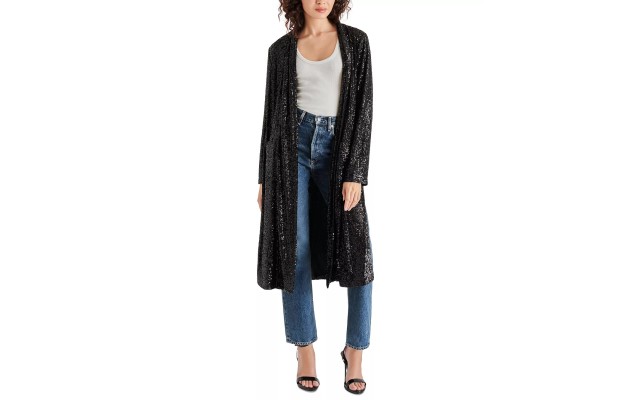  Womens Show Stopper Sequin Duster Jacket, Black, Medium