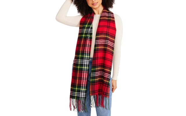 Steve Madden Women’s Tartan Plaid Scarf with Fringe Detail – Christmas Red