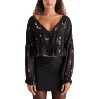 Steve Madden Women’s Tossed Floral-Print Cinch-Waist Holly Blouse, Black, Small