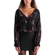 Steve Madden Women’s Tossed Floral-Print Cinch-Waist Holly Blouse, Black, Small
