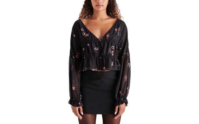  Women’s Tossed Floral-Print Cinch-Waist Holly Blouse, Black, Small