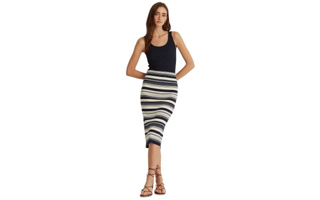 Striped Cotton-blend Pencil Skirt in Navy and Cream, Large