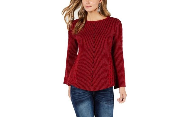 Style & Co. Women’s Ribbed And Cabled Fitted Sweater, Dark Red, X-Large