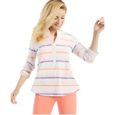 Style & Co Cotton Printed Roll-Tab-Sleeve Top, X-Small, Stripe Orchid