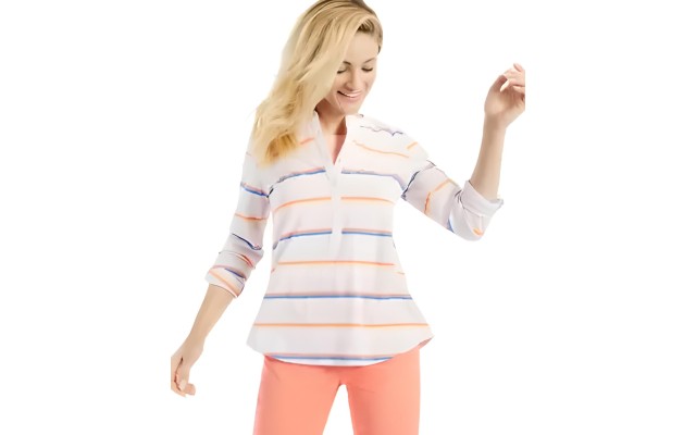Style & Co Cotton Printed Roll-Tab-Sleeve Top, X-Small, Stripe Orchid