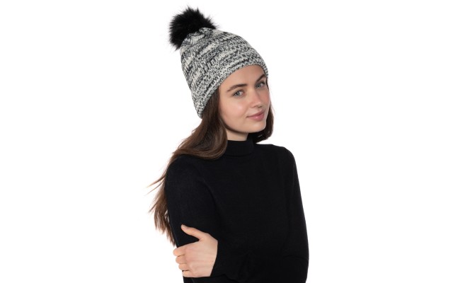 Style & Co Marled Space-Dyed Faux Fur Pom Beanie, Black/Neutral