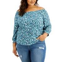 Style & Co Plus Size Cotton Ditsy-Print Top, Teal, 3X