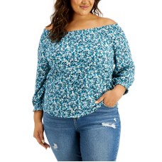 Style & Co Plus Size Cotton Ditsy-Print Top, Teal, 3X
