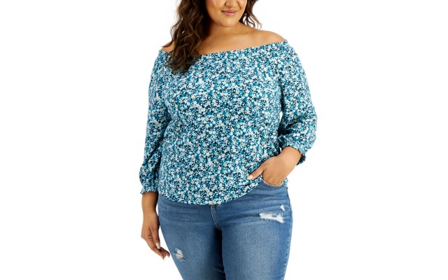 Style & Co Plus Size Cotton Ditsy-Print Top, Teal, 3X