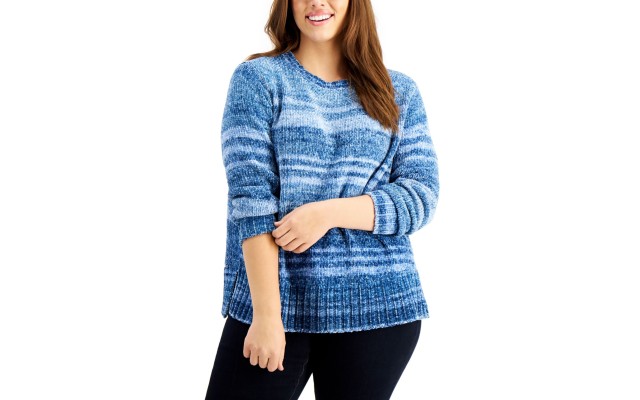 Style & Co Plus Size Space-Dye Chenille Sweater, Blue Size: 0X