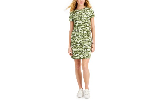 Style & Co Womens Camo-Print T-Shirt Dress, Olive Combo, Small