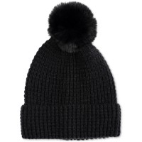 Style & Co Women’s Faux-Fur Pom Pom Waffle-Knit Beanie, Black
