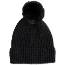 Style & Co Women’s Faux-Fur Pom Pom Waffle-Knit Beanie, Black