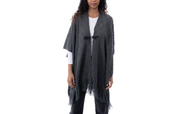 Style & Co Women’s Fringe-Trim Toggle-Buckle Cape Sweater, Charcoal Grey