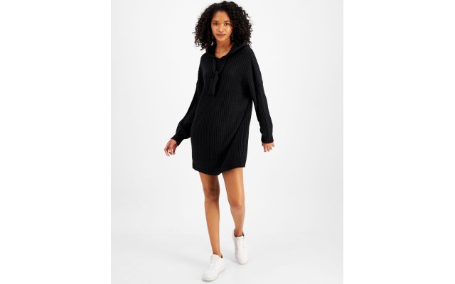 Sugar Moon Juniors’ Rib-Knit Hoodie Sweater Dress, Black/S