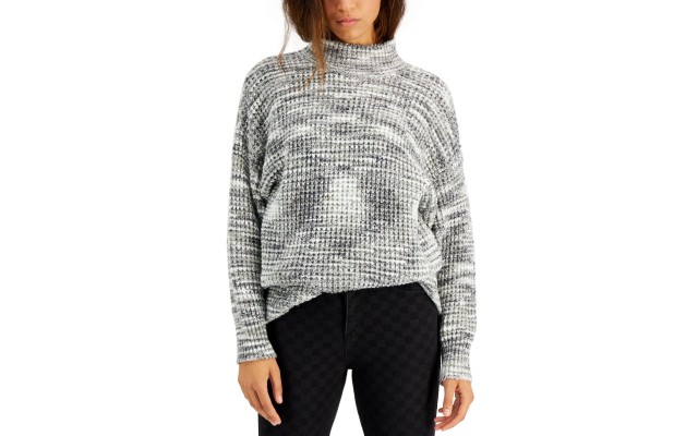 Sugar Moon Juniors’ Spacedye Waffle-Knit Sweater, Gray/S