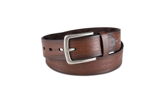  Men’s Faux-Leather Geo Embossed Belt, Brown, Medium