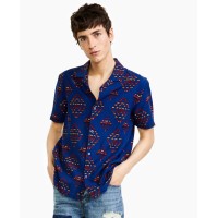 Sun + Stone Men’s Fred Regular-Fit Geo-Print Textured Linen Shirt, Navy, XX-Large