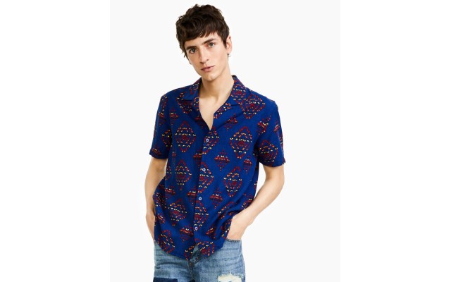  Men’s Fred Regular-Fit Geo-Print Textured Linen Shirt, Navy, XX-Large