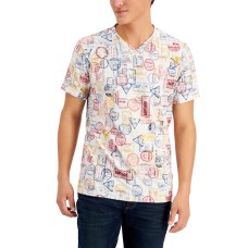 Sun + Stone Men’s Remix Stamps Graphic V-Neck T-Shirt, Beige,Small