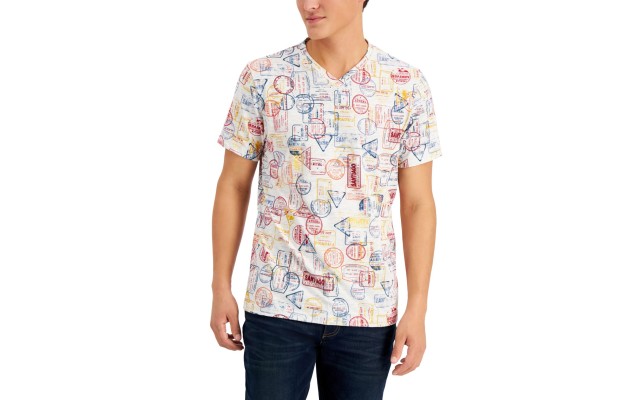  Men’s Remix Stamps Graphic V-Neck T-Shirt, Beige,Small