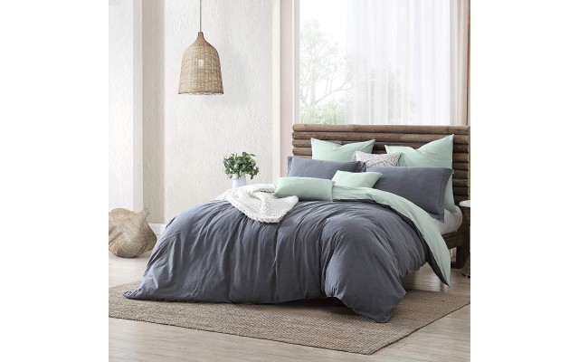  Ultra Soft Valatie Cotton Garment Washed Dyed Reversible 3 Piece Duvet Cover Set, Full/Queen, Aqua /Gray