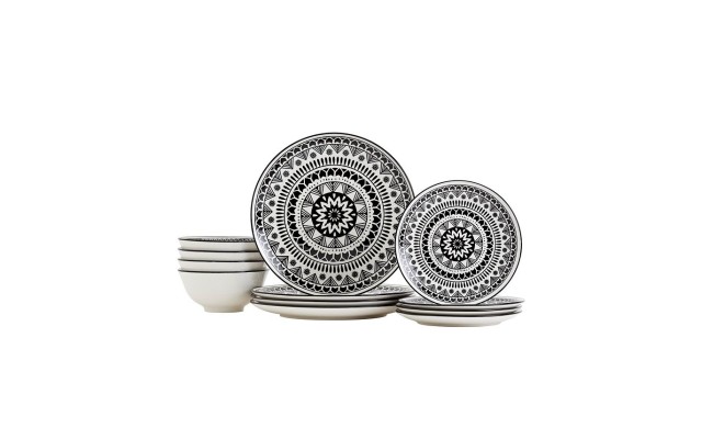 Tabletop Unlimited 12-Pc Black Pad Print Dinnerware Set, Service for 4 – Black