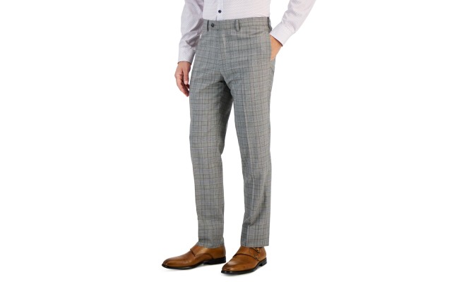  Mens Slim-Fit Plaid Wool Suit, Brown, 34 x 30